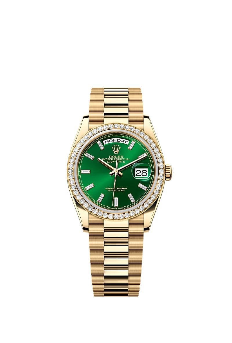 Rolex 7AA Day-Date Men’s Watch Green Dial Premium Rose Gold Bezel 2 Rolex 7AA Day-Date Men’s Watch Green Dial Premium Rose Gold Bezel front view