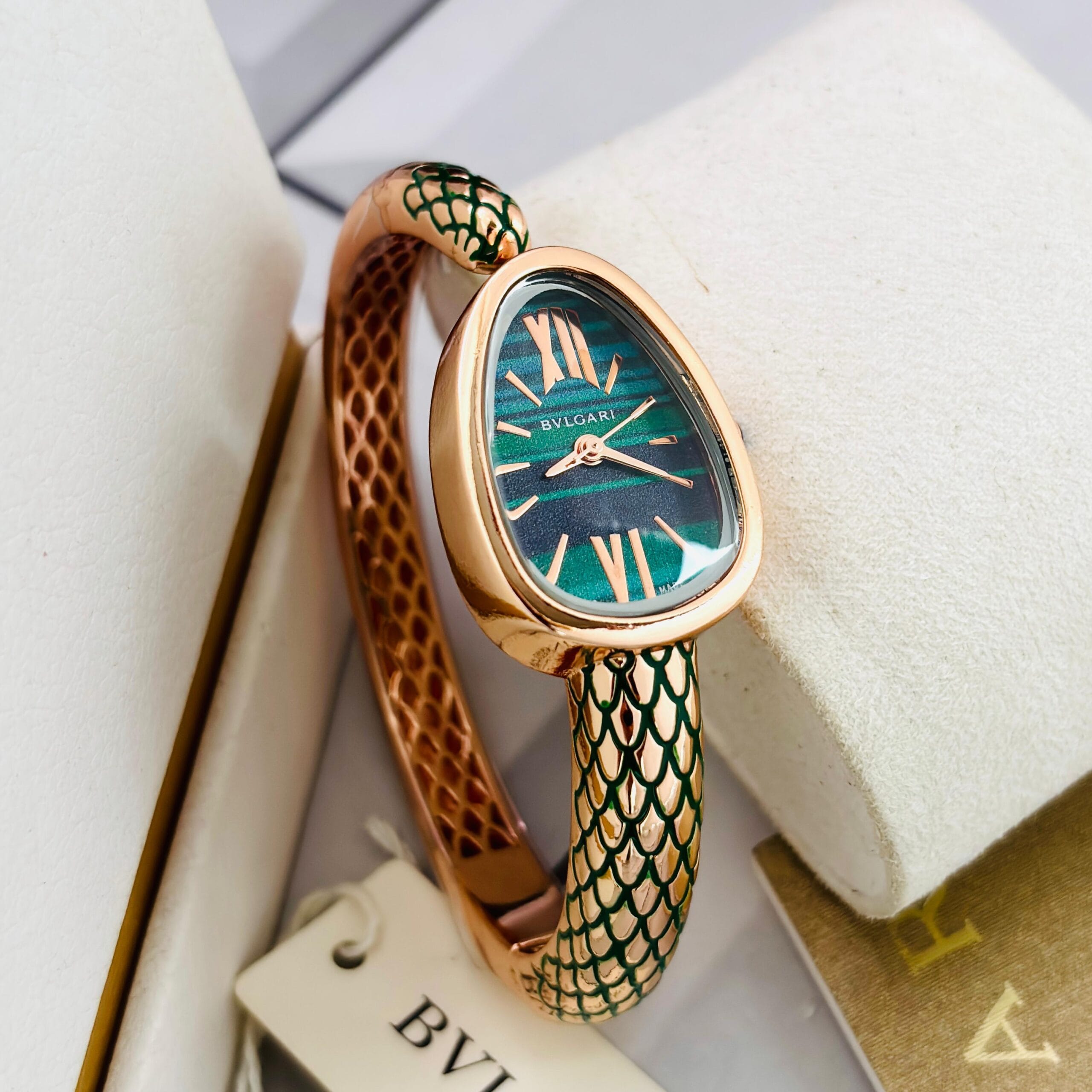 BVLGARI Snake Rose Gold Bangle Watch for Women – Premium Luxury Bracelet 2 BVLGARI Snake Rose Gold Bangle green dial Watch front view