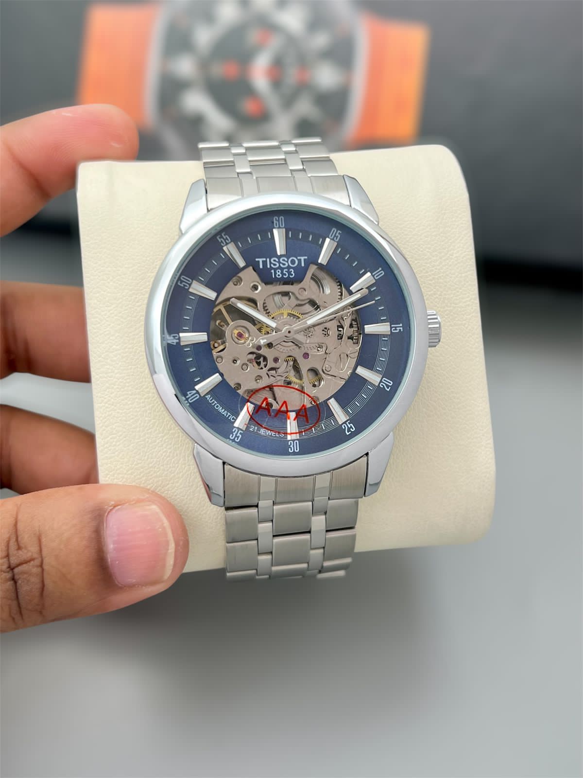 Tissot Gentleman Powermatic Open Heart Automatic Men’s Watch – 7AA Premium Silver Edition 3 Tissot Gentleman Powermatic Open Heart Automatic Men’s Watch silver chain blue dial front view