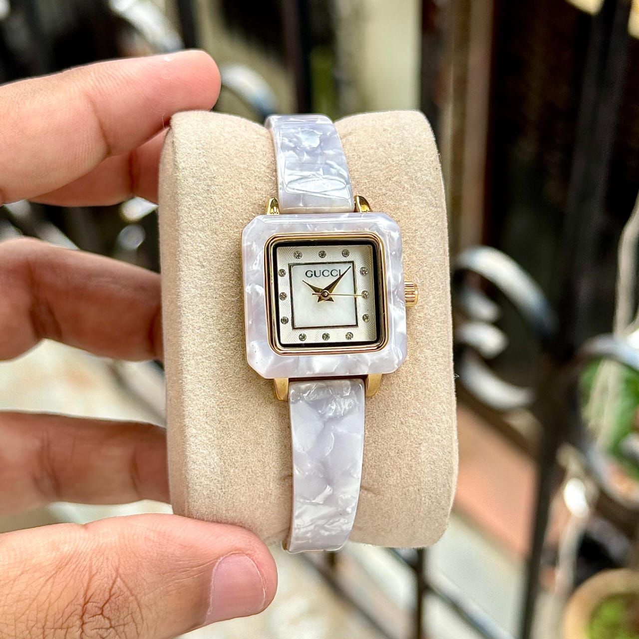 Gucci Acrylic Square Quartz Watch | White Marbled Luxury Women’s Edition | Elegant Designer Timepiece 1 Gucci Acrylic Square Quartz front view