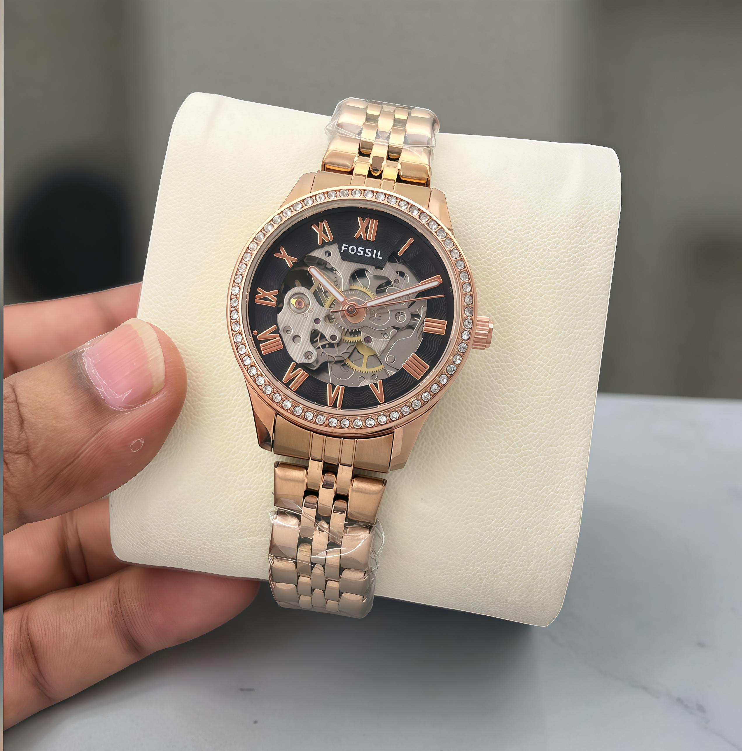 Fossil 7AA Automatic Premium Skeleton Watch for women | Elegant Rose Gold & Silver Edition 5 Premium Skeleton Watch for women black dial golden strap