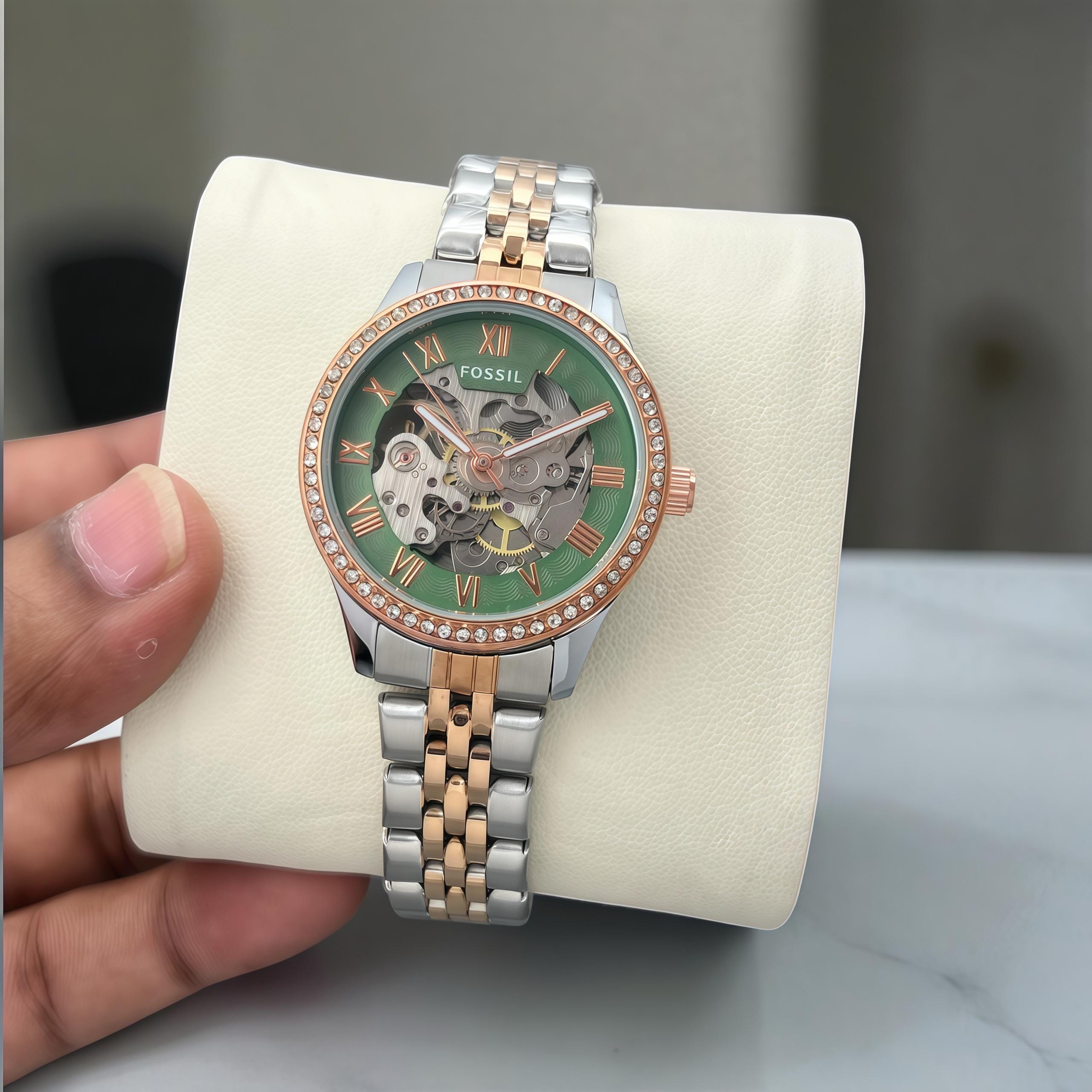 Fossil 7AA Automatic Premium Skeleton Watch for women | Elegant Rose Gold & Silver Edition 10 Fossil 7AA Automatic Premium Skeleton Watch for women green dial
