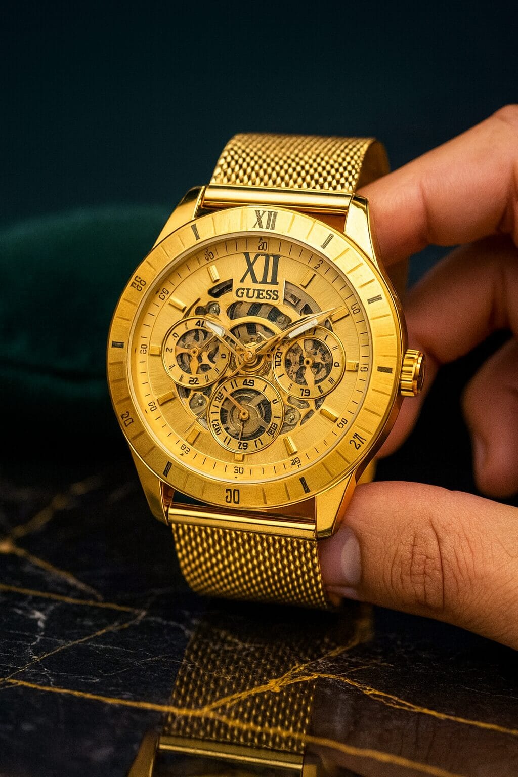 Guess GW0368G2 Tailor Chronograph Men’s Watch Full Gold Dial Black Mesh Strap Original Edition 5 Guess GW0368G2 Tailor Chronograph Men’s Watch front view