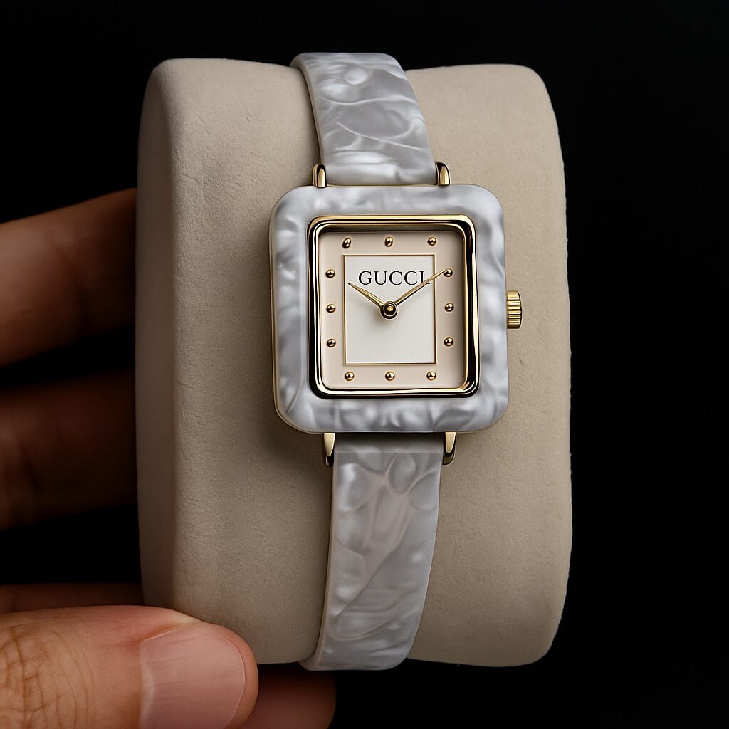 Gucci Acrylic Square Quartz Watch | White Marbled Luxury Women’s Edition | Elegant Designer Timepiece 3 Gucci Acrylic Square Quartz
