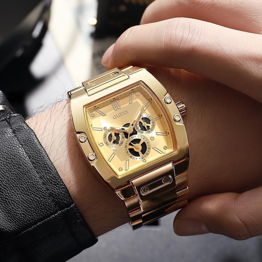 GUESS Phoenix 7AA Quartz Men’s Premium Watch Black Dial • Gold Stainless Steel Chain Multi-Function Edition 4 GUESS Phoenix 7AA Quartz Men’s Premium Watch wrist side view