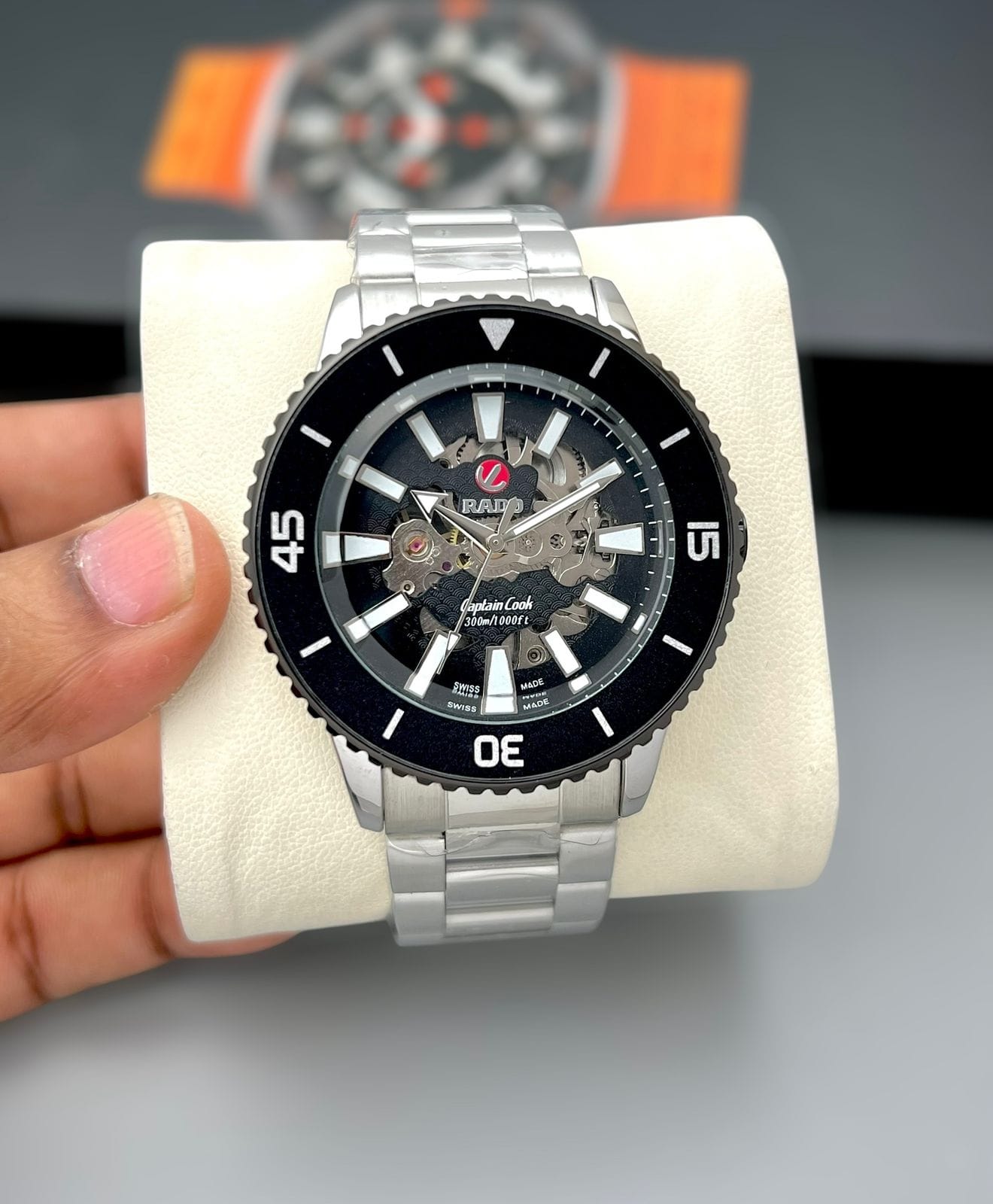 Rado Captain Cook 7AAA Copy Automatic Men’s Premium quality Watch Open Skeleton Black dial Rotating Bezel Explorer Edition 3 Rado Captain Cook 7AAA Copy Automatic Men’s Premium quality Watch front view silver bracelet