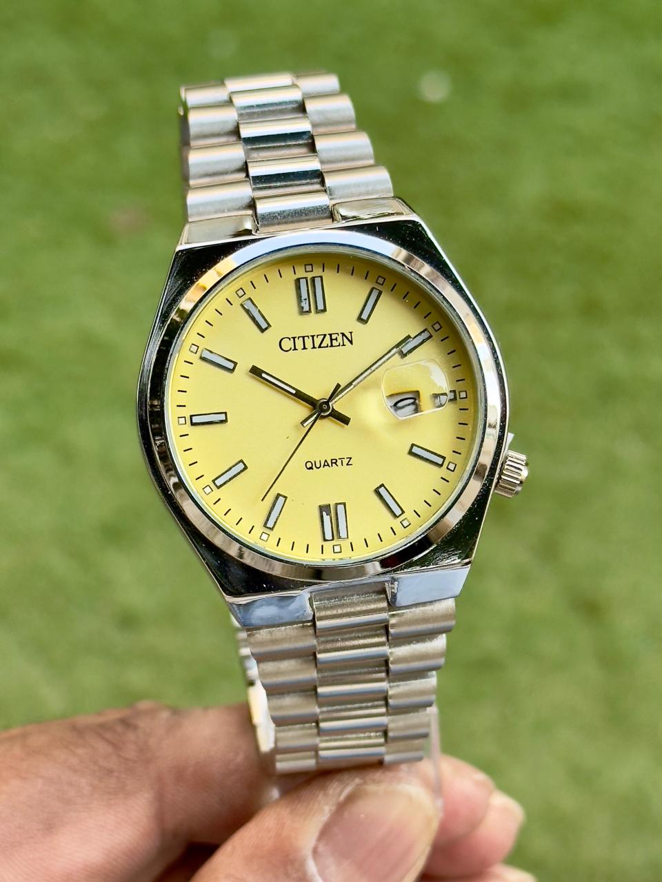 Citizen Quartz Watch for Men – Yellow Dial Stainless Steel 3 Citizen quartz watch for men yellow dial close up