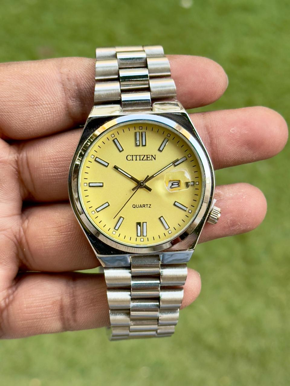 Citizen Quartz Watch for Men – Yellow Dial Stainless Steel 2 Citizen Qurtz watch for men yellow dial front view quartz