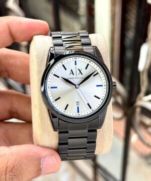 Armani Exchange AX2858 men watch black steel strap silver sunburst dial