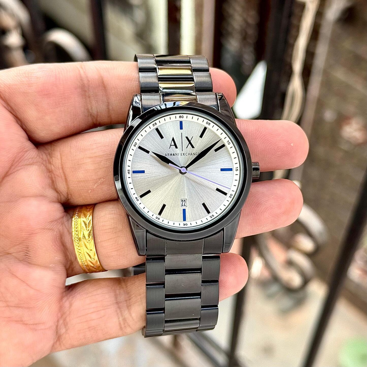 Armani Exchange AX2858 Men Black Steel Watch Silver Sunburst Dial 44mm Premium Quality 2 Armani Exchange AX2858 men watch black steel strap on hand