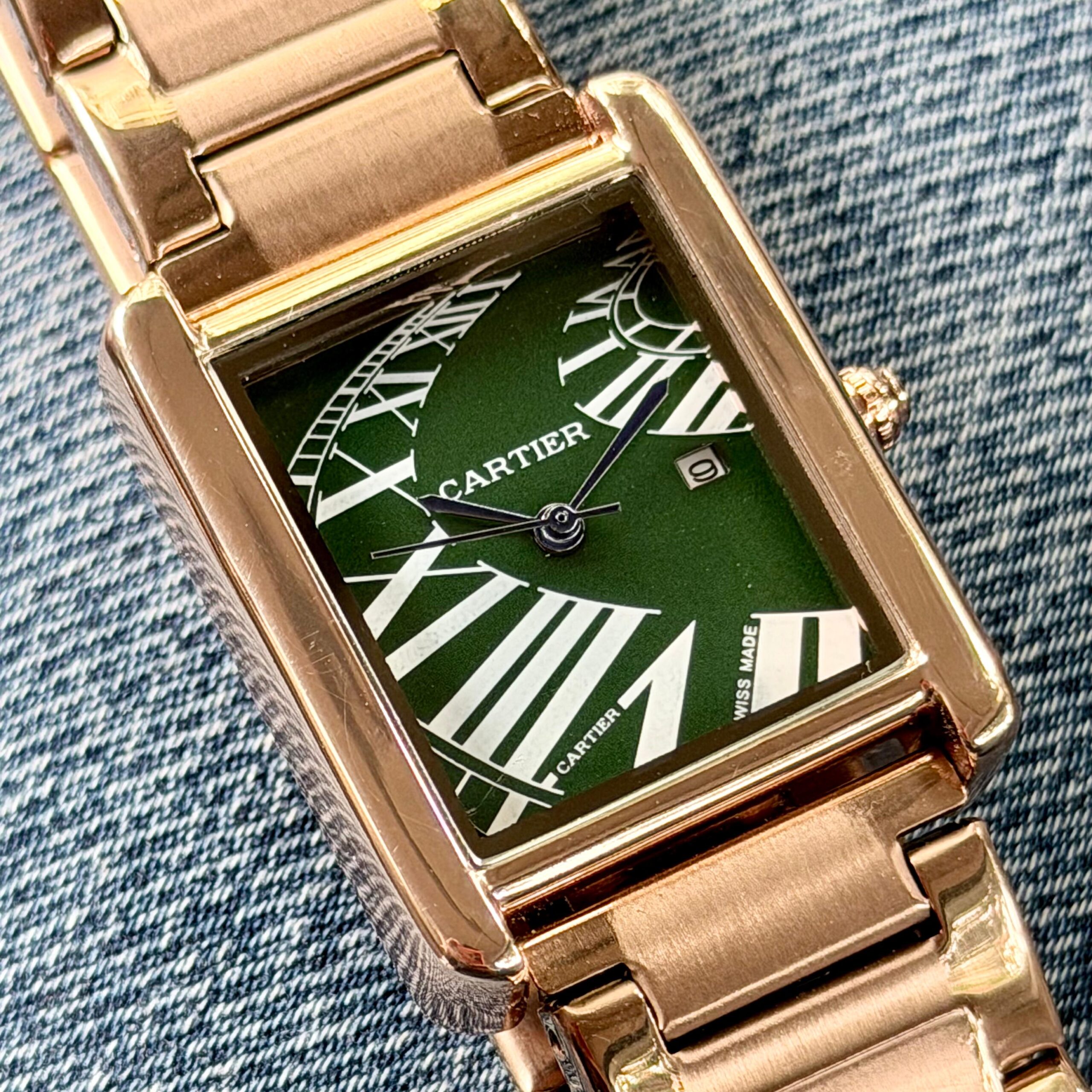 Cartier Tank Men’s Watch | Green Dial | Rose Gold Chain Strap | Ultra Slim Rectangular Design 2 Cartier style green dial roman numerals close up
