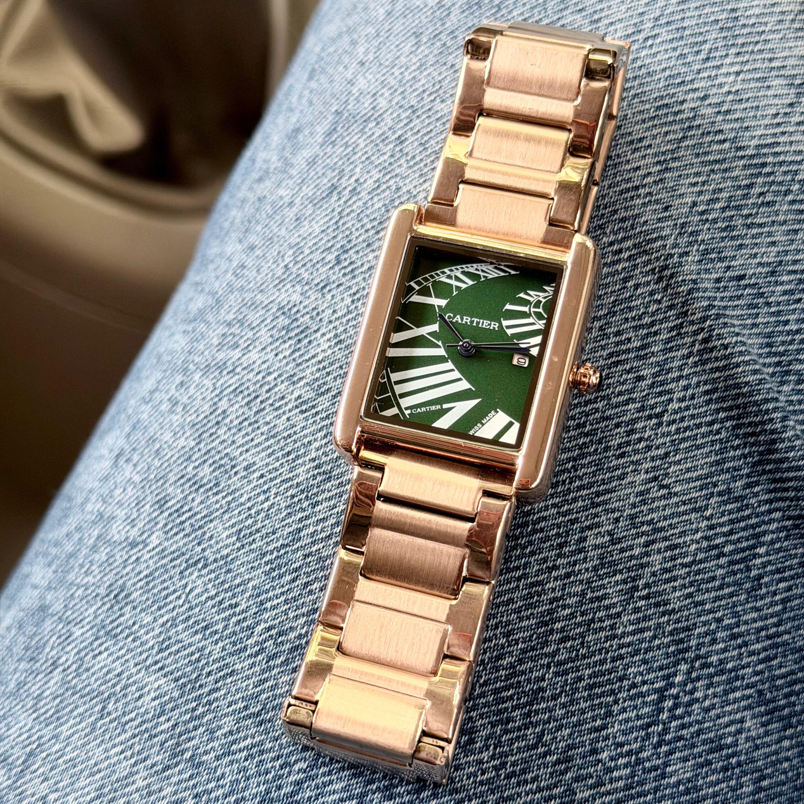 Cartier Tank Men’s Watch | Green Dial | Rose Gold Chain Strap | Ultra Slim Rectangular Design 1 Cartier Tank style men watch green dial