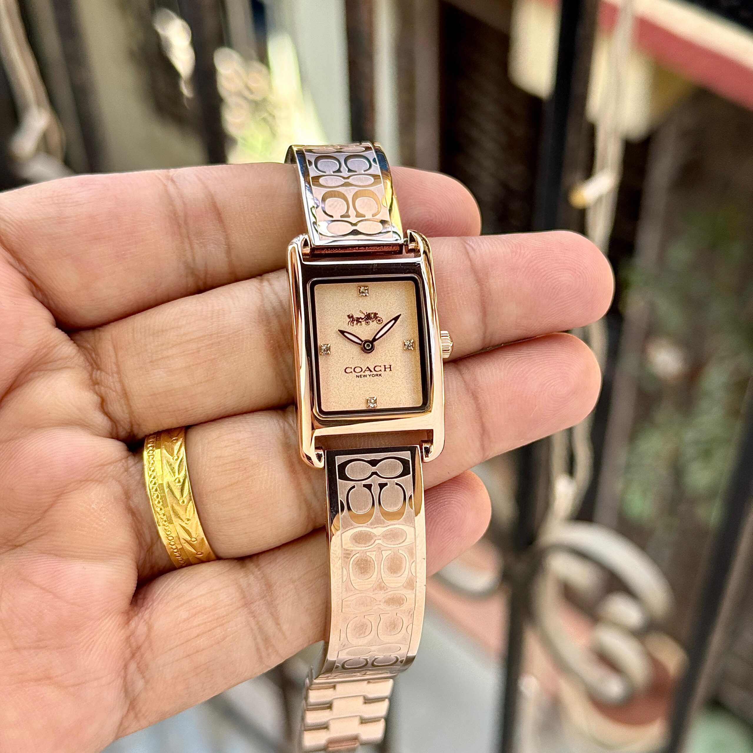 Coach Allie Slim 14503382 Women’s Rose Gold Rectangular Watch 2 Coach Allie Slim rose gold women’s watch close up