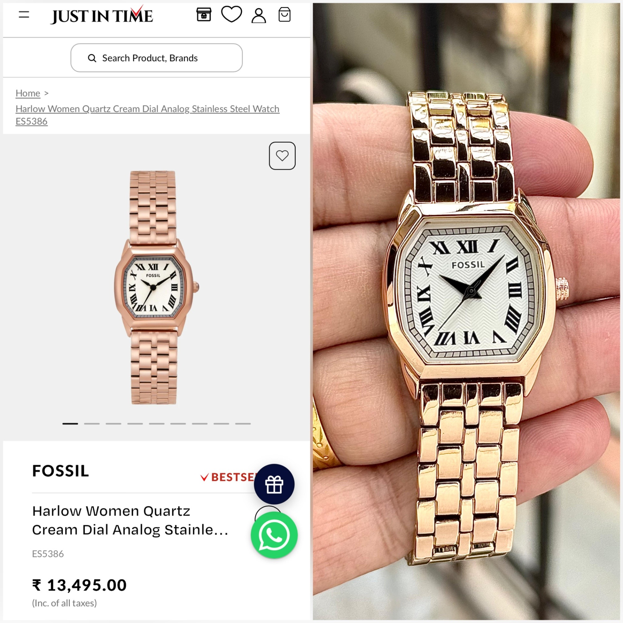 Fossil Harlow Rose Gold Women Watch Cream Dial Cushion Case 3 Fossil Harlow cream dial roman numerals women watch comparison view