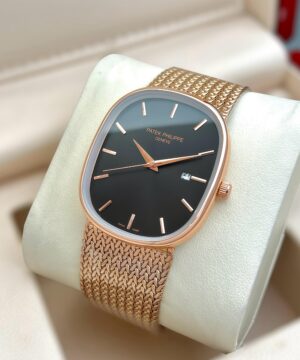 Patek Philippe men watch black dial rose gold woven metal strap