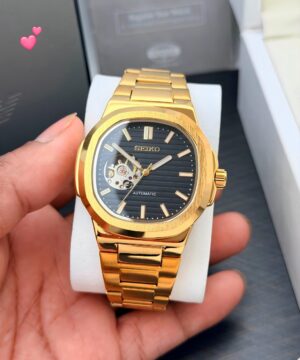 Seiko Presage 7AAA Automatic open heart men watch black gold front view