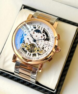Cartier automatic skeleton men’s watch rose gold silver strap