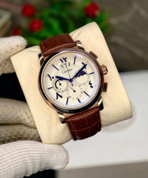 cartier moonphase chronograph cream dial leather strap men watch