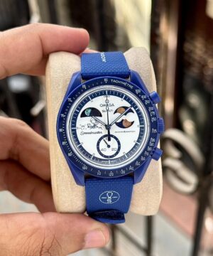 omega swatch moonswatch speedmaster 7aa premium moonwatch blue dial chronograph display view