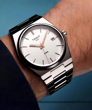 Tissot PRX 40mm men watch white dial stainless steel bracelet wrist shot