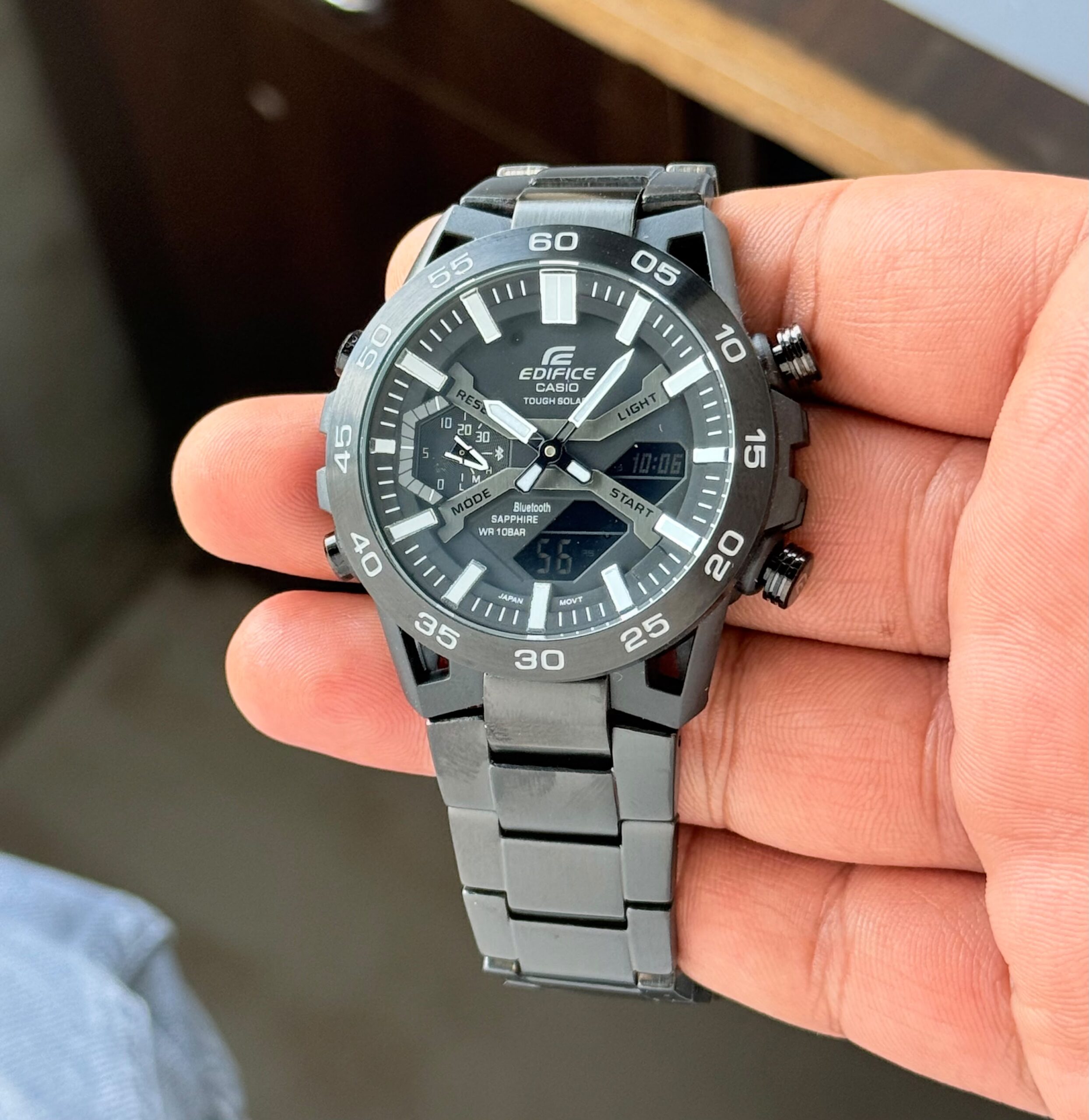 Casio Edifice ECB-2000DC 7AAA Premium Bluetooth Solar Men's Watch | Black Stainless Steel Strap 2 Casio Edifice ECB-2000DC Closeup Black Dial Watch