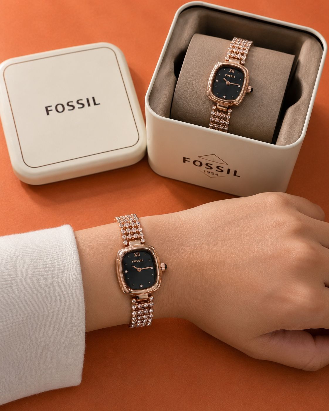 Fossil Olive Series 7AA Premium Quartz Movement Women's Watch | Rose Gold Bracelet 2 Fossil Olive Series 7AA Premium Quartz Women's Watch box view Rose Gold Bracelet