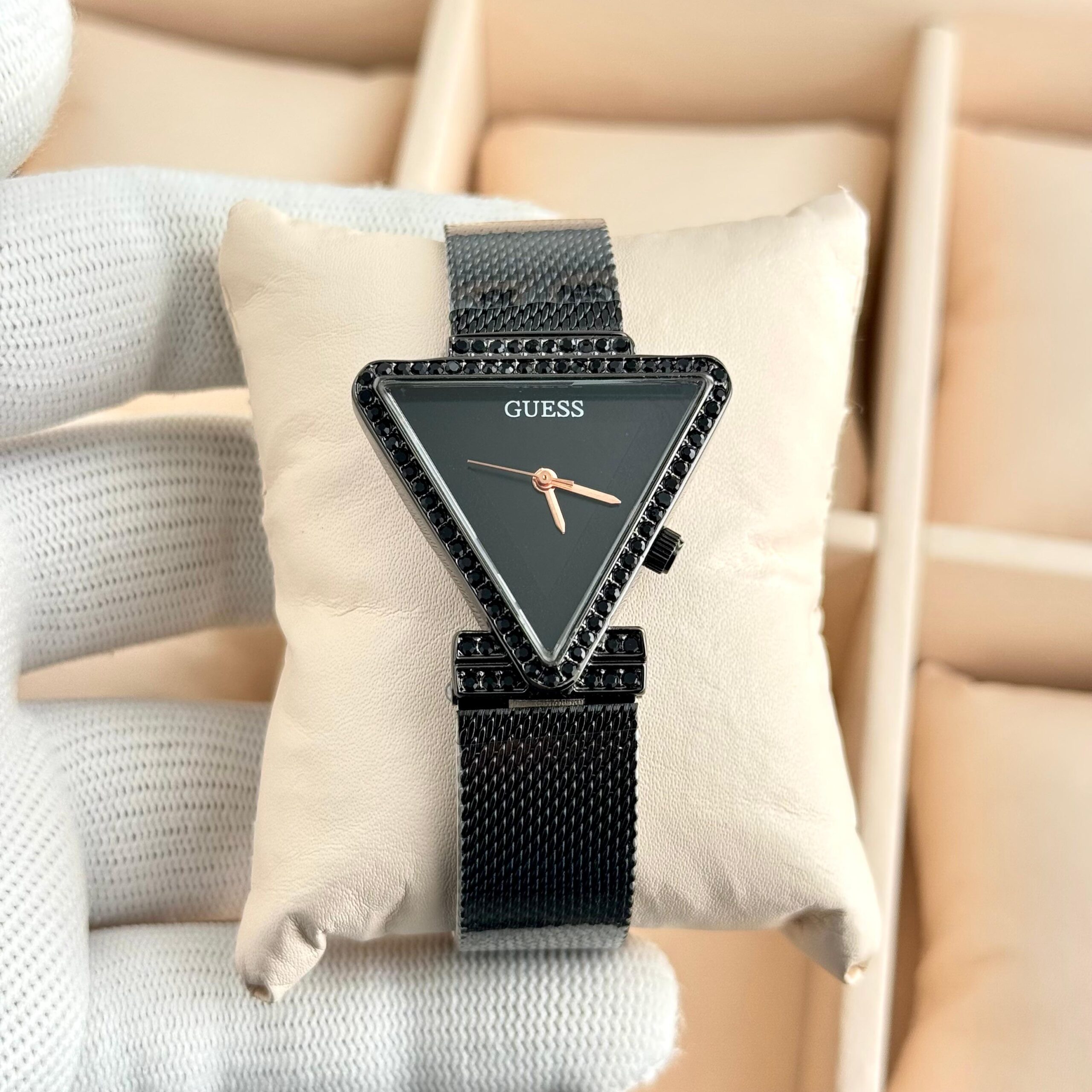 Guess Triangle Crystal Dial Premium Ladies Watch | Rose Gold & Silver Mesh Strap 2 Guess black triangle mesh strap ladies watch