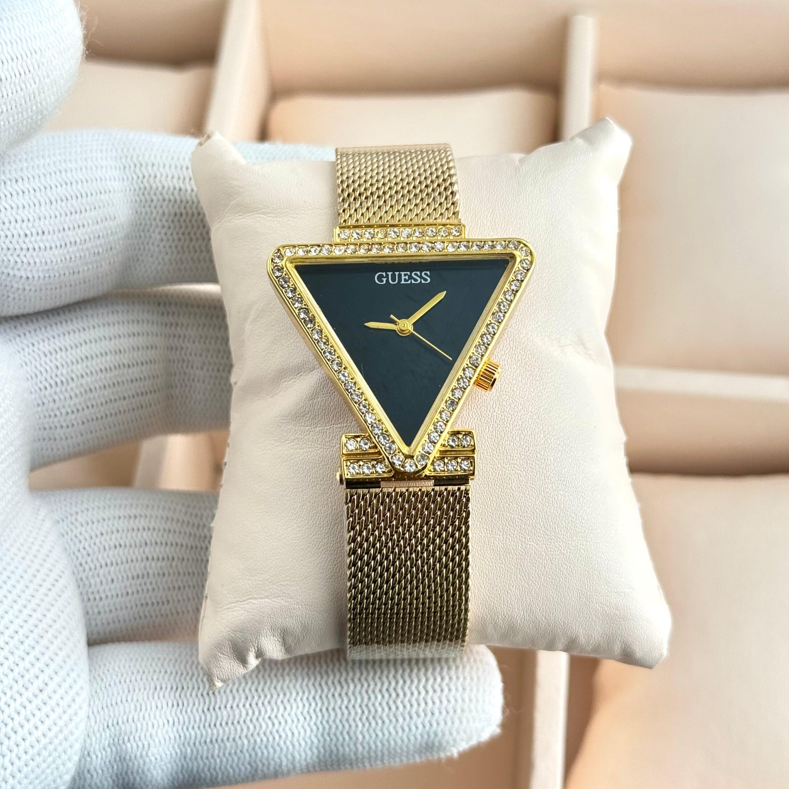 Guess Triangle Crystal Dial Premium Ladies Watch | Rose Gold & Silver Mesh Strap 10 Guess black triangle dial gold mesh strap ladies watch