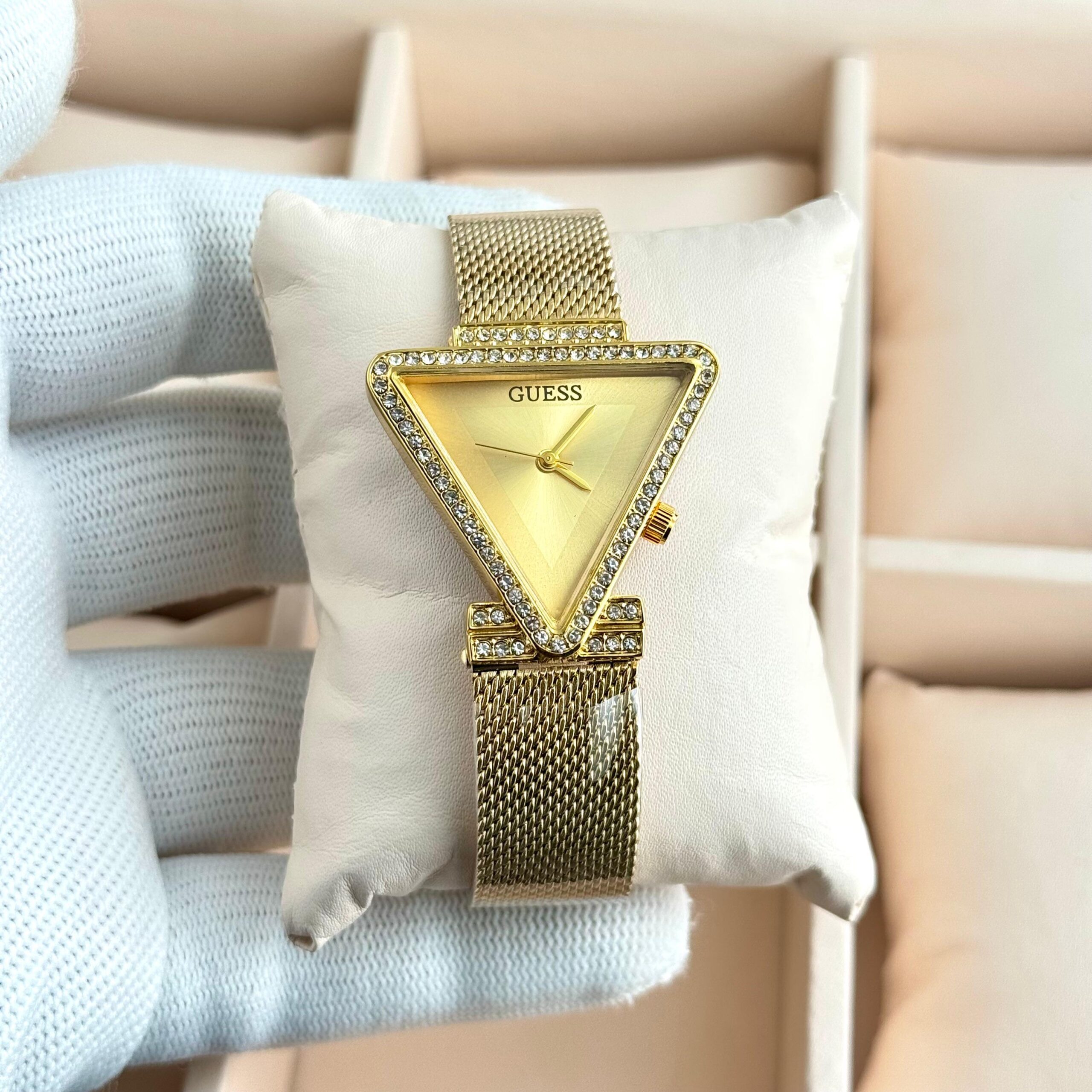Guess Triangle Crystal Dial Premium Ladies Watch | Rose Gold & Silver Mesh Strap 5 Guess champagne triangle dial gold ladies watch