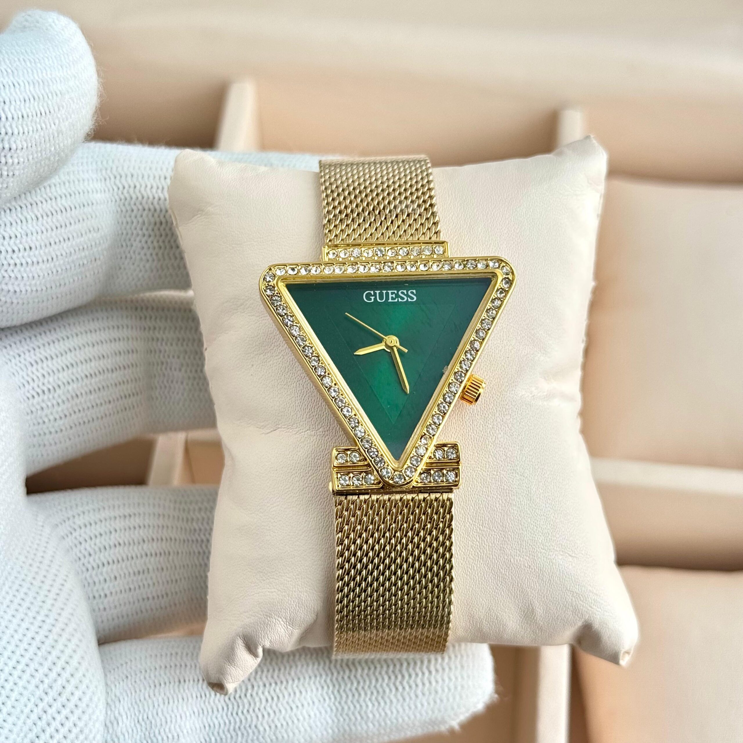 Guess Triangle Crystal Dial Premium Ladies Watch | Rose Gold & Silver Mesh Strap 3 Guess triangle green dial gold mesh strap ladies watch