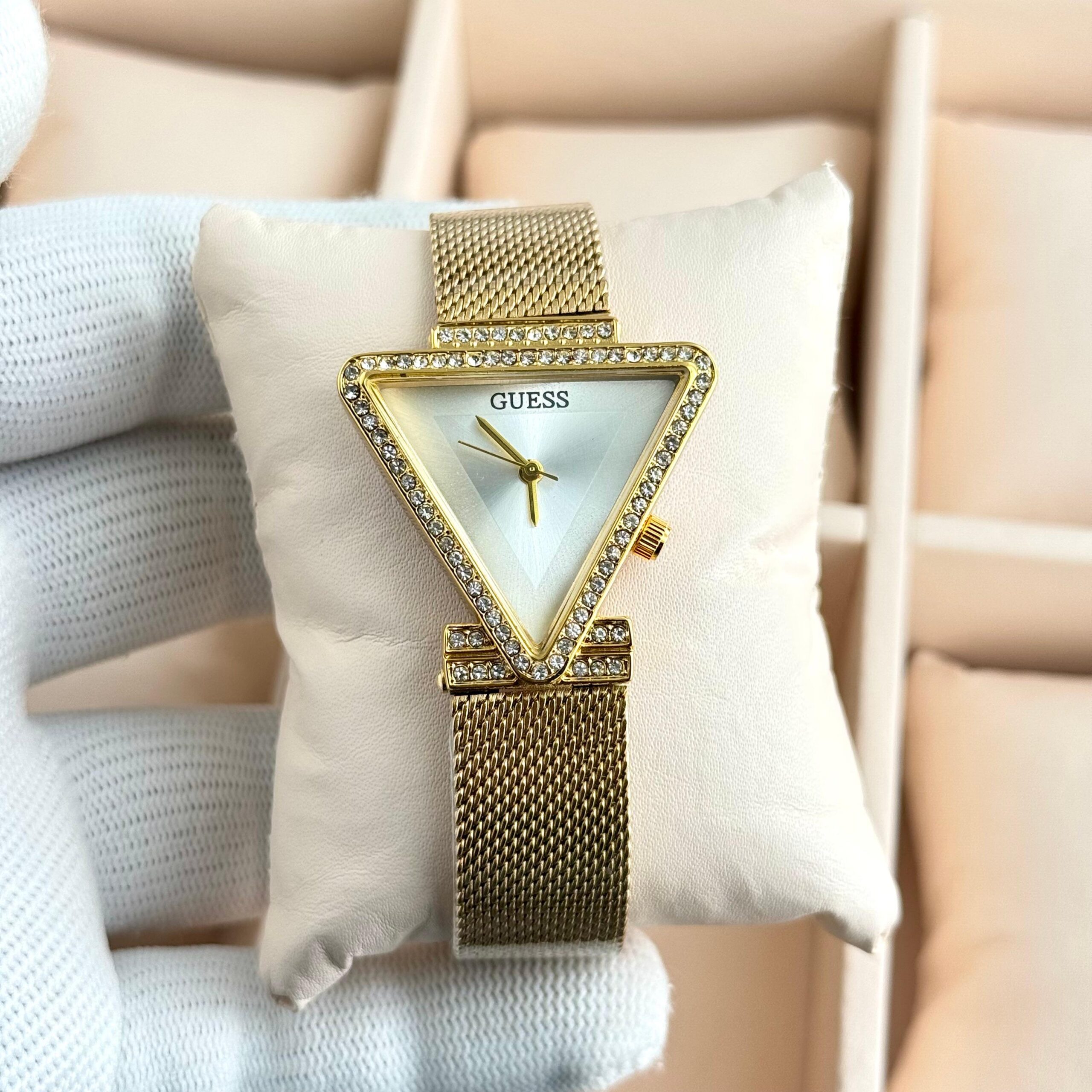 Guess Triangle Crystal Dial Premium Ladies Watch | Rose Gold & Silver Mesh Strap 9 Guess white triangle dial gold mesh strap ladies watch