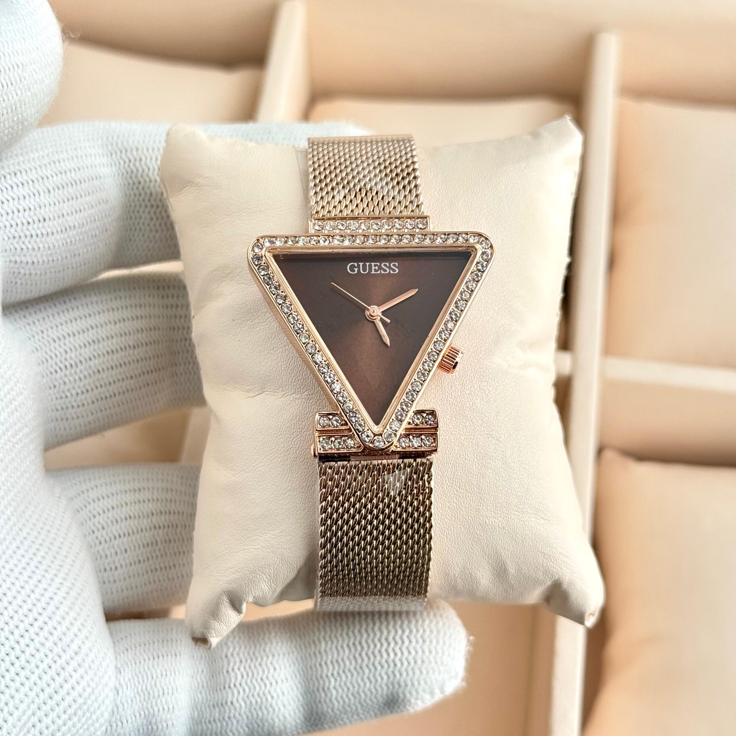 Guess Triangle Crystal Dial Premium Ladies Watch | Rose Gold & Silver Mesh Strap 6 Guess brown triangle dial rose gold ladies watch