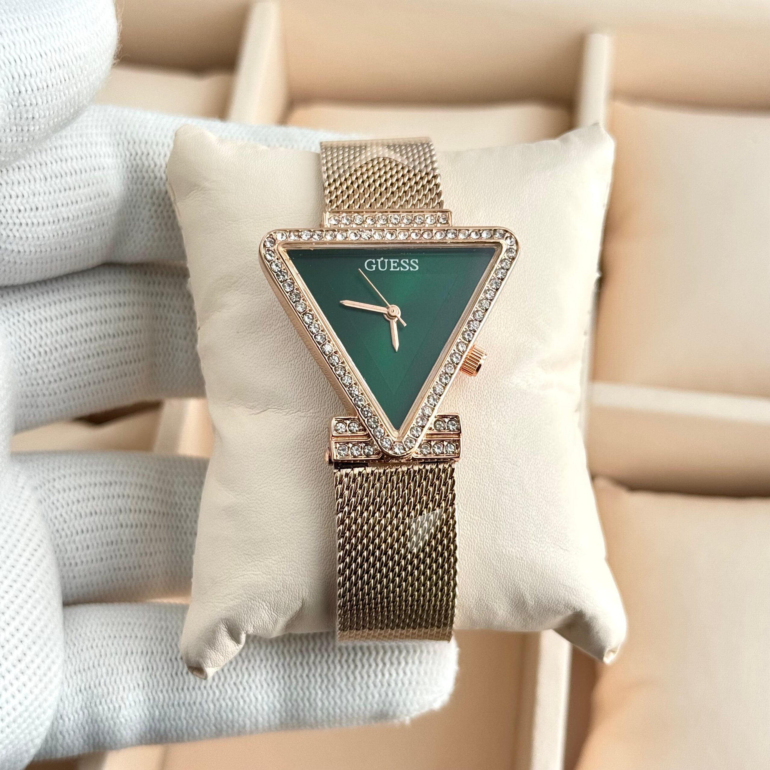 Guess Triangle Crystal Dial Premium Ladies Watch | Rose Gold & Silver Mesh Strap 8 Guess Triangle Crystal Dial Premium Ladies Watch | Rose Gold & Silver Mesh Strap - Image 8