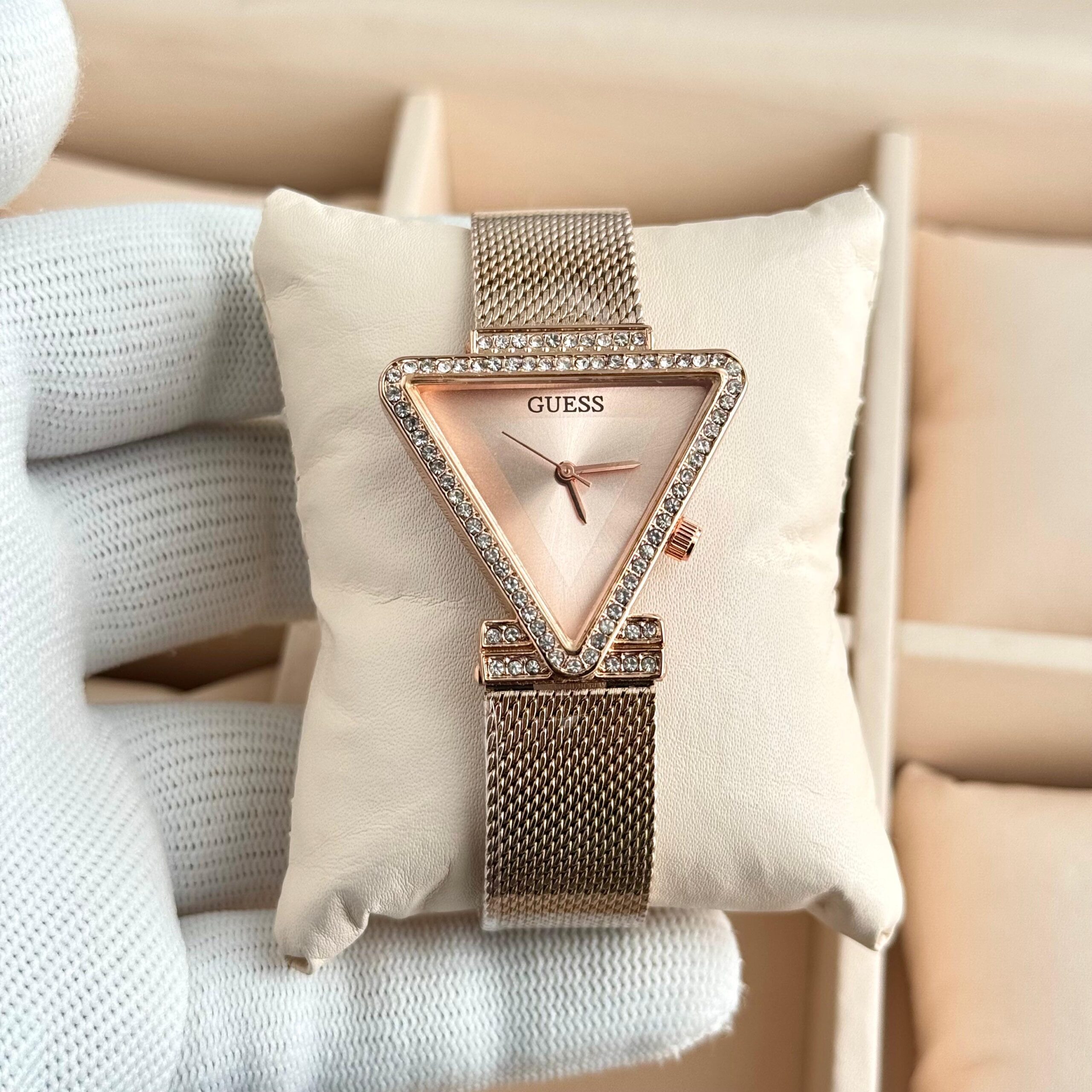 Guess Triangle Crystal Dial Premium Ladies Watch | Rose Gold & Silver Mesh Strap 1 Guess triangle crystal dial rose gold pink ladies watch