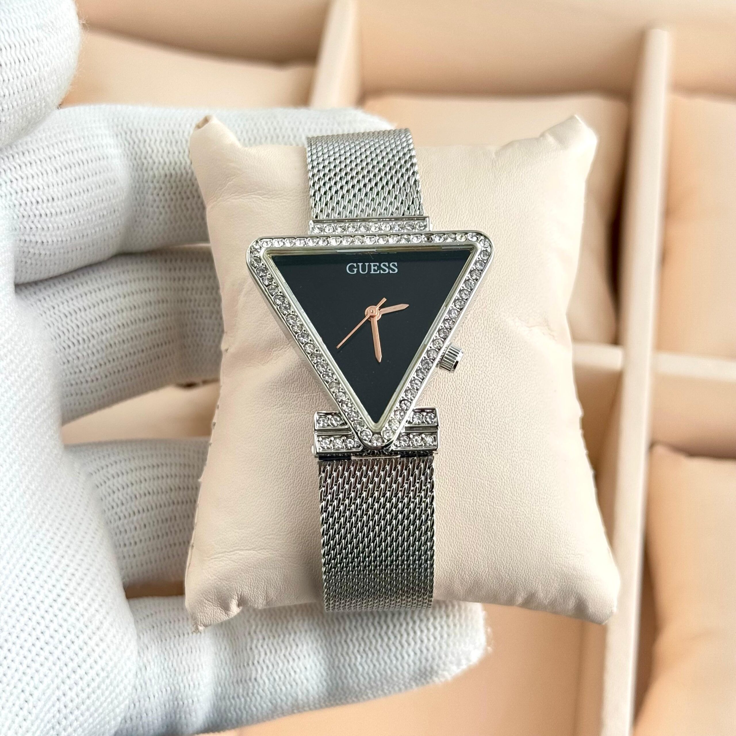 Guess Triangle Crystal Dial Premium Ladies Watch | Rose Gold & Silver Mesh Strap 11 Guess black triangle dial silver mesh strap ladies watch