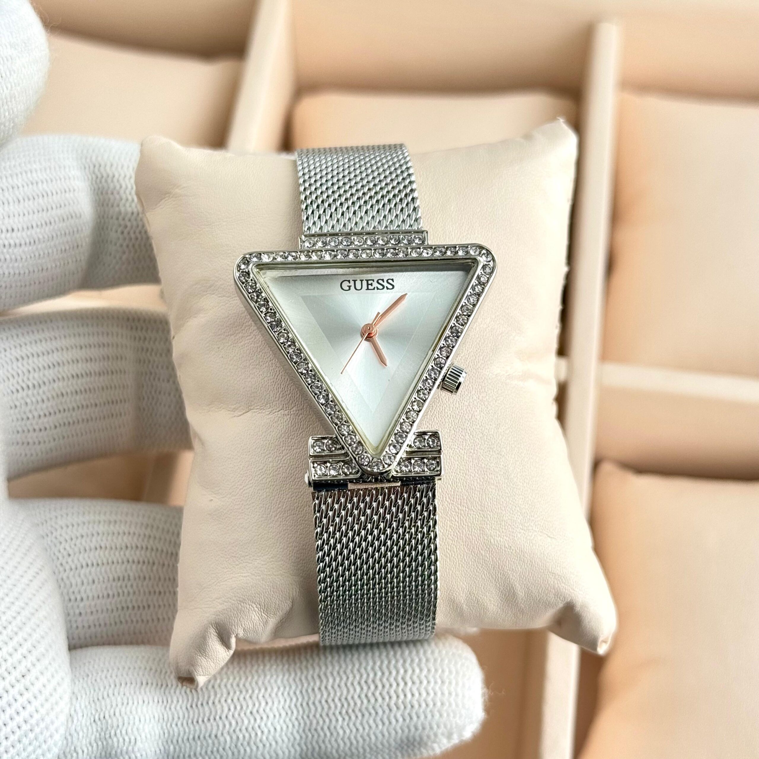 Guess Triangle Crystal Dial Premium Ladies Watch | Rose Gold & Silver Mesh Strap 4 Guess white triangle dial silver mesh strap ladies watch