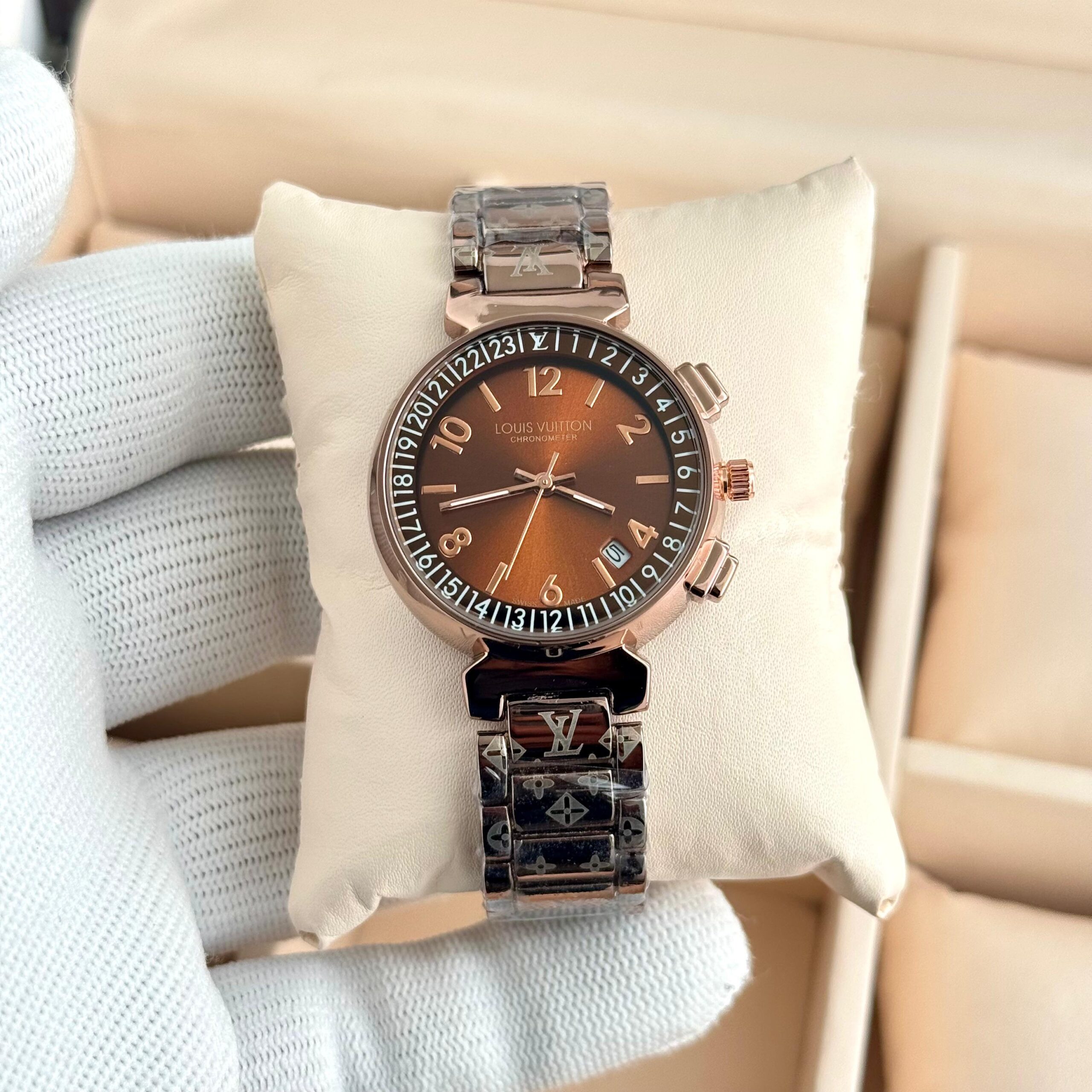 Louis Vuitton Tambour 7A Premium Women's Watch | Luxury Quartz Date Display 9 louis vuitton tambour 7a premium brown dial women watch