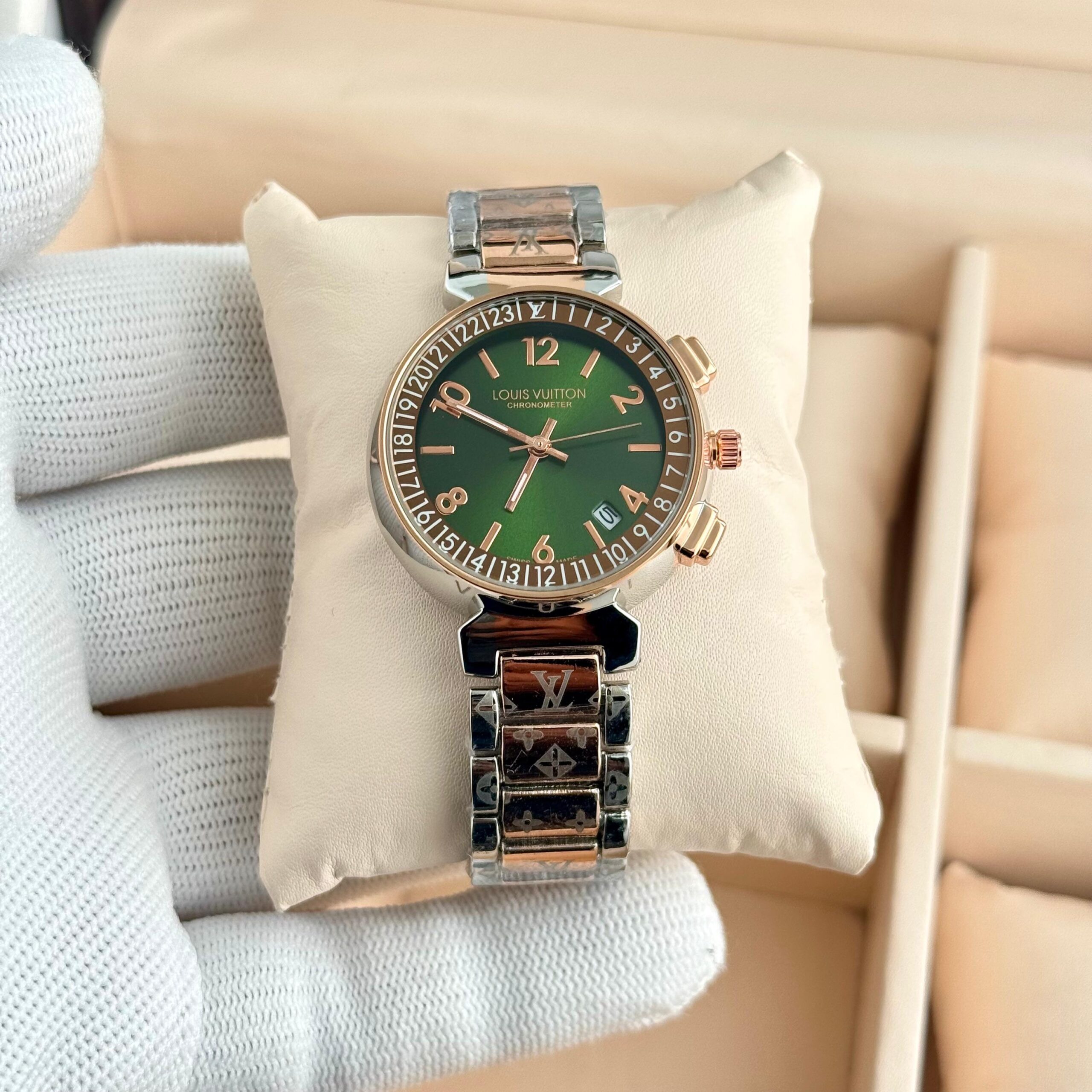 Louis Vuitton Tambour 7A Premium Women's Watch | Luxury Quartz Date Display 6 louis vuitton tambour 7a premium green dial two tone women watch