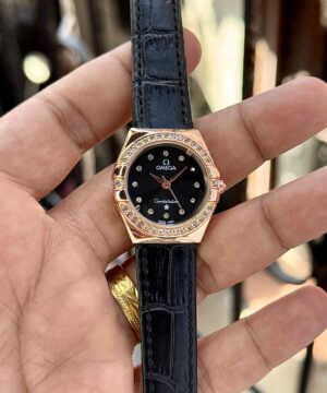 Omega Constellation 7AA Premium Quartz Women's Watch Black Dial Rose Gold Leather Strap