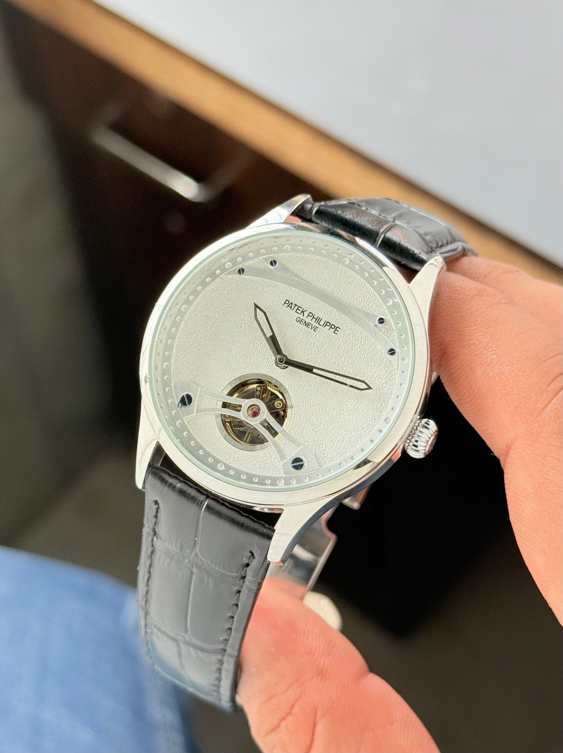 Patek Philippe Tourbillon 7AAA Premium Automatic Watch For Men | Open Heart Luxury Edition 4 patek philippe tourbillon 7aaa premium watch leather strap angle view