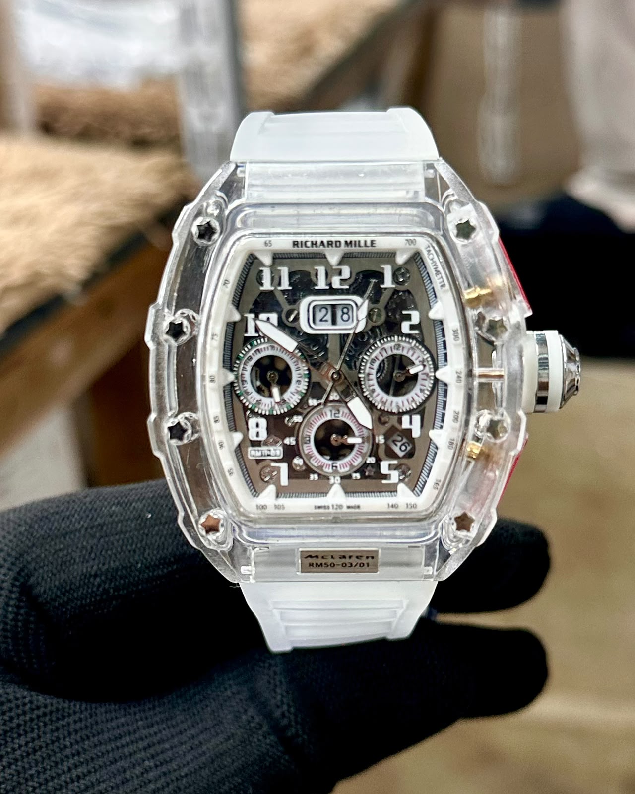 Richard Mille RM 50-03 McLaren F1 7A Premium Watch For Men | Transparent Skeleton Edition 1 richard mille rm 50-03 white rubber strap watch
