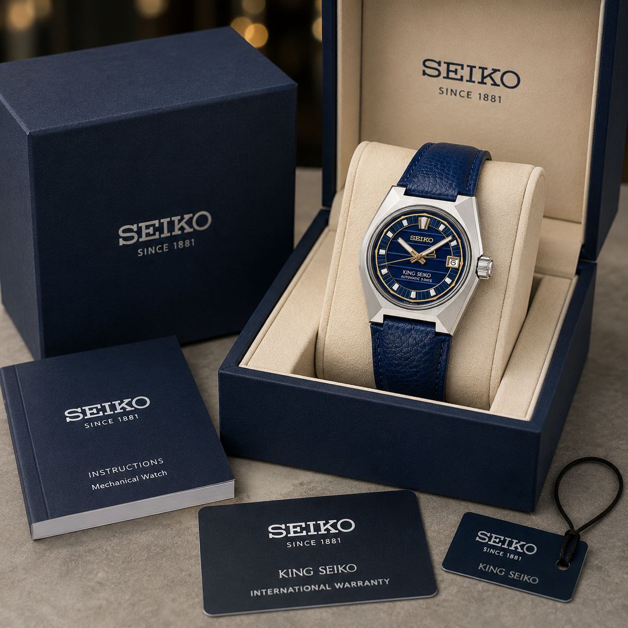 Seiko King VANAC SLA095 7AAA Premium Automatic Men's Watch | Blue Leather Strap 4 Seiko King Seiko Premium Watch Box