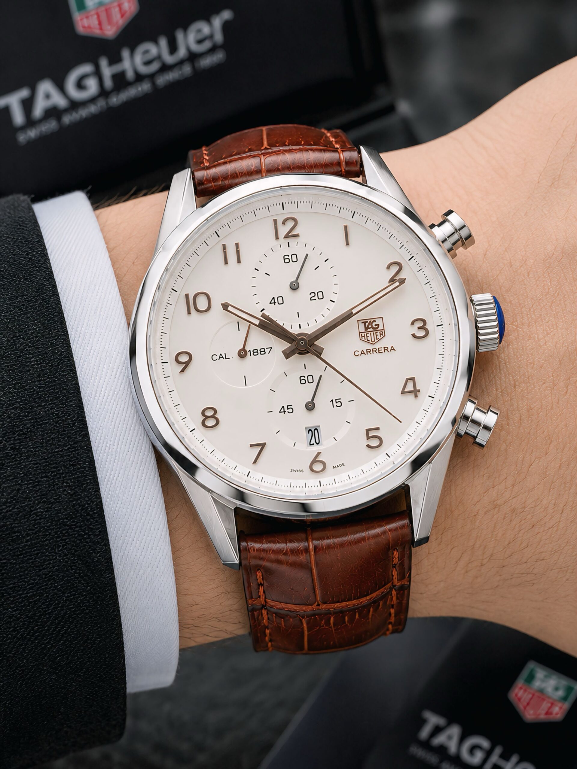 TAG Heuer Carrera Heritage 7AA Quartz Chronograph Men's Leather Strap Watch 3 TAG Heuer Carrera Heritage On Wrist