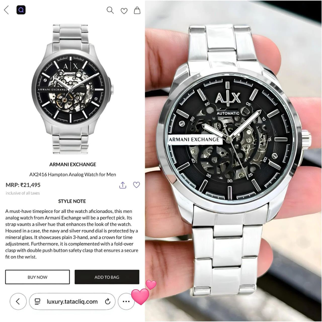 Armani Exchange Hampton 7AA Automatic Skeleton Men's Watch Stainless Steel 3 Armani Exchange Hampton AX2416 automatic skeleton watch comparison