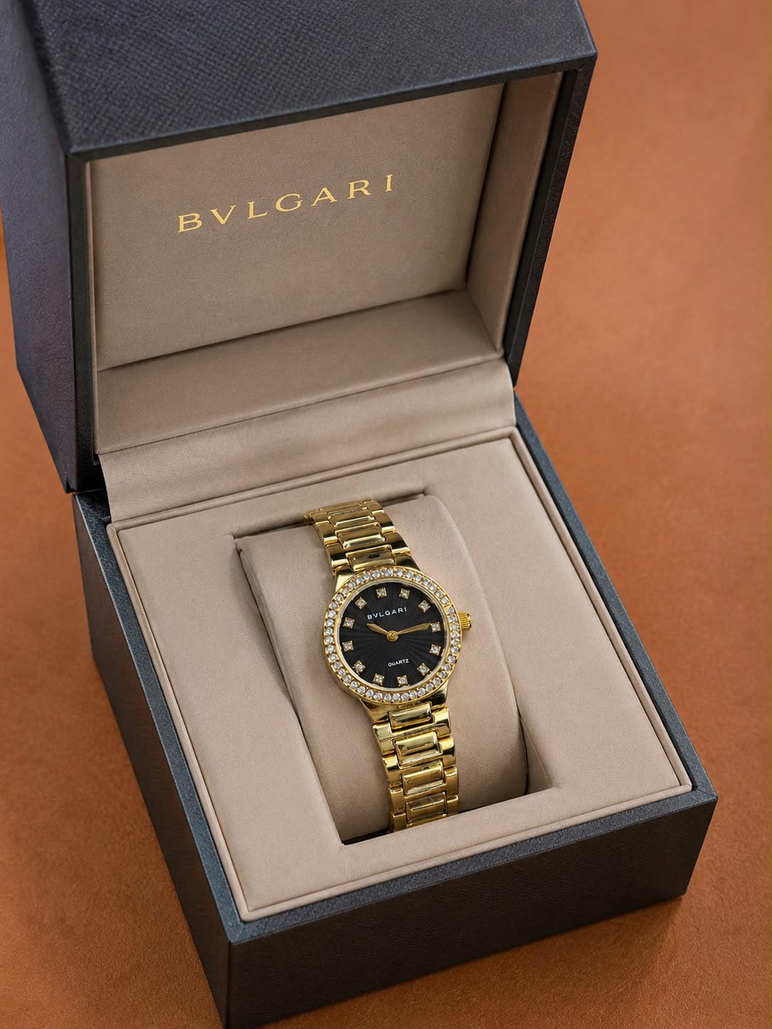 Bvlgari Lvcea 7A Quality Quartz 32mm Women's Watch – Black Diamond Dial Gold Bracelet 2 Bvlgari Lvcea Watch Premium Box