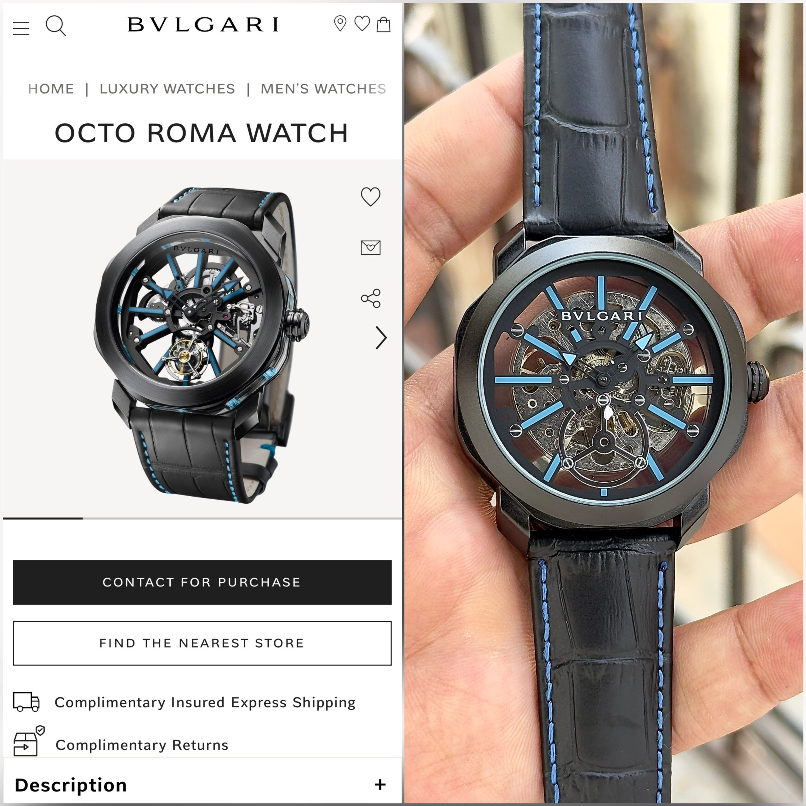 Bvlgari Octo Roma Skeleton 7AA Automatic Men's Watch 3 Bvlgari Octo Roma Skeleton Black Blue Automatic Watch comparison View
