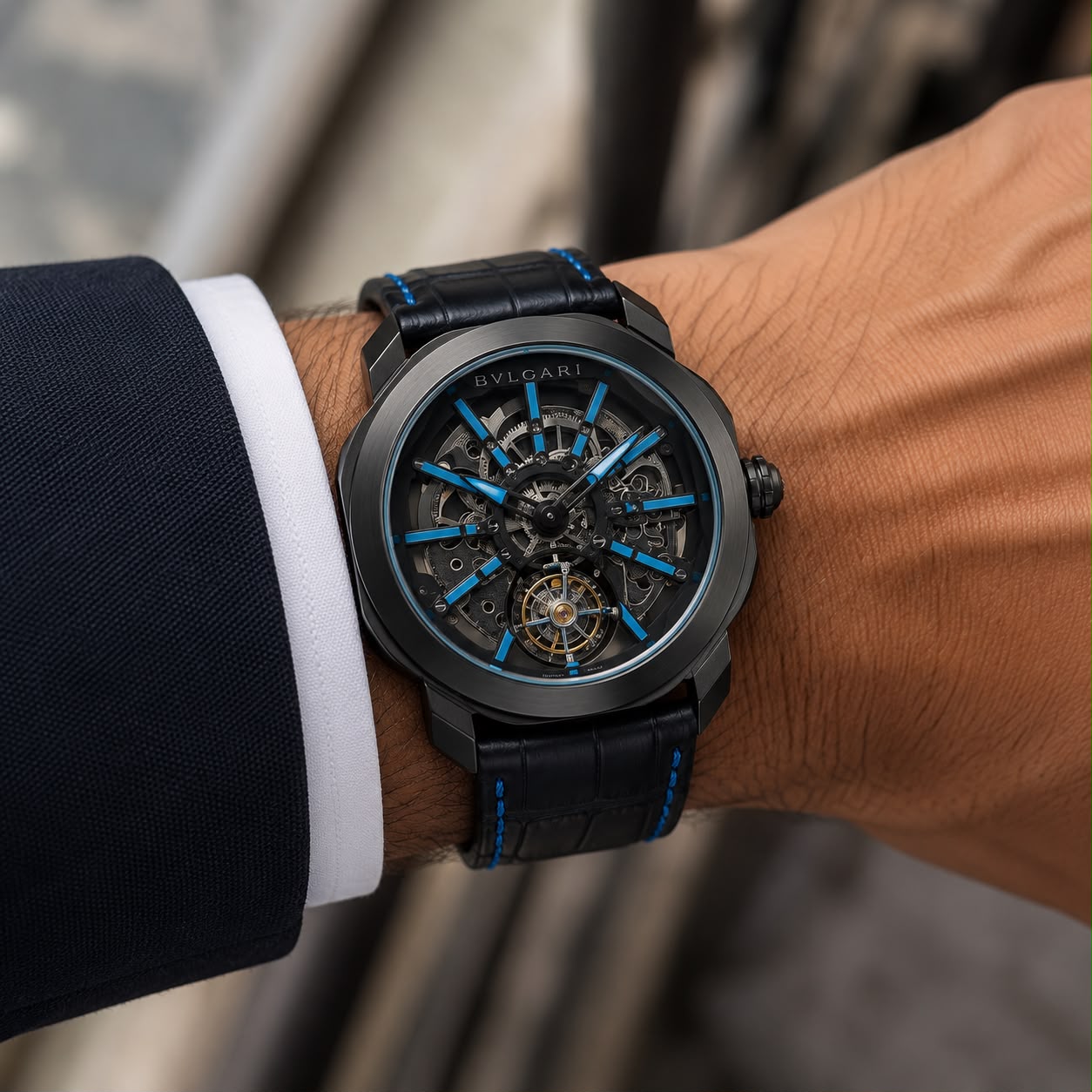 Bvlgari Octo Roma Skeleton 7AA Automatic Men's Watch 5 Bvlgari October roma Skeleton Black Blue Automatic Watch wrist View