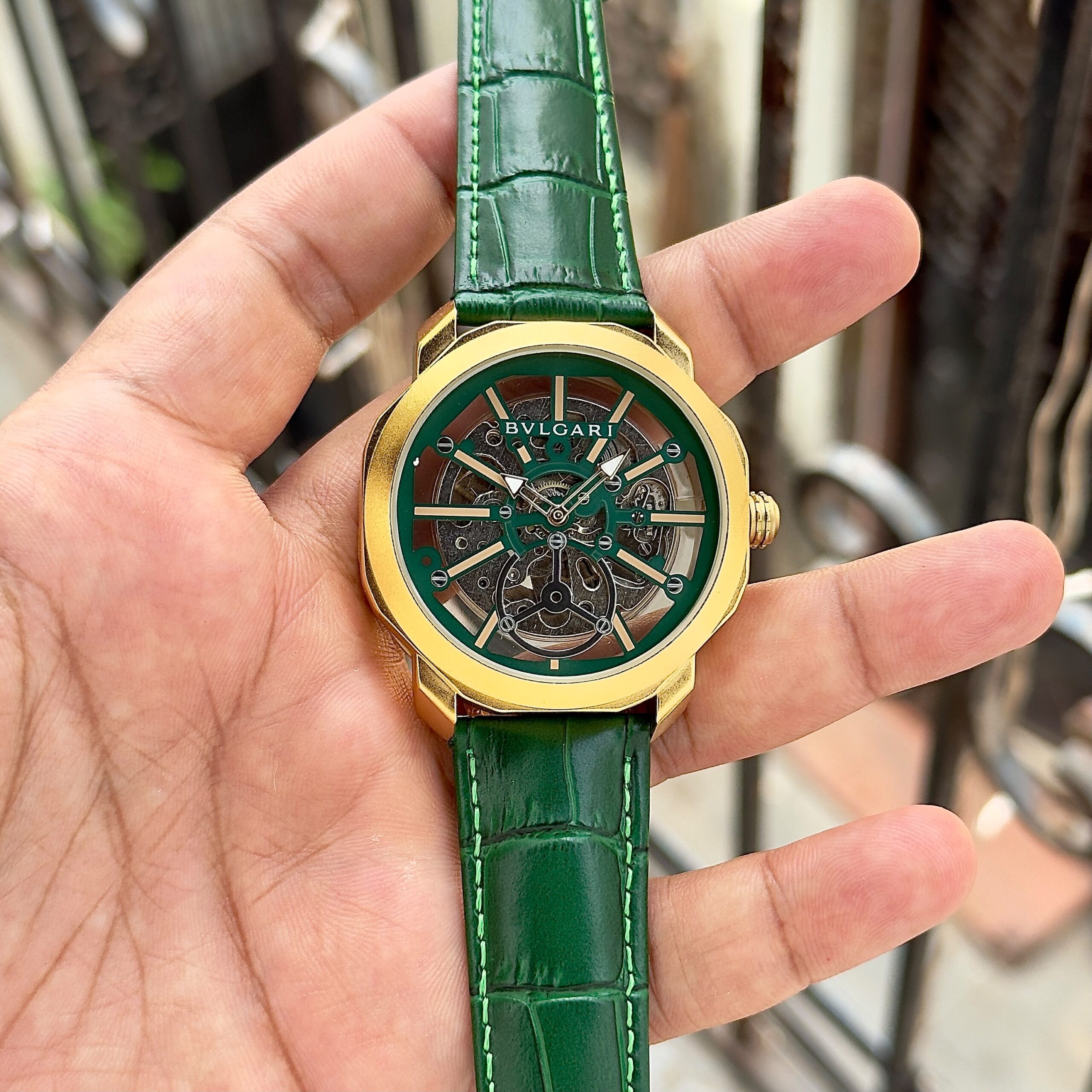 Bvlgari Octo Roma Skeleton 7AA Automatic Men's Watch 7 Bvlgari Gold Green Skeleton Watch