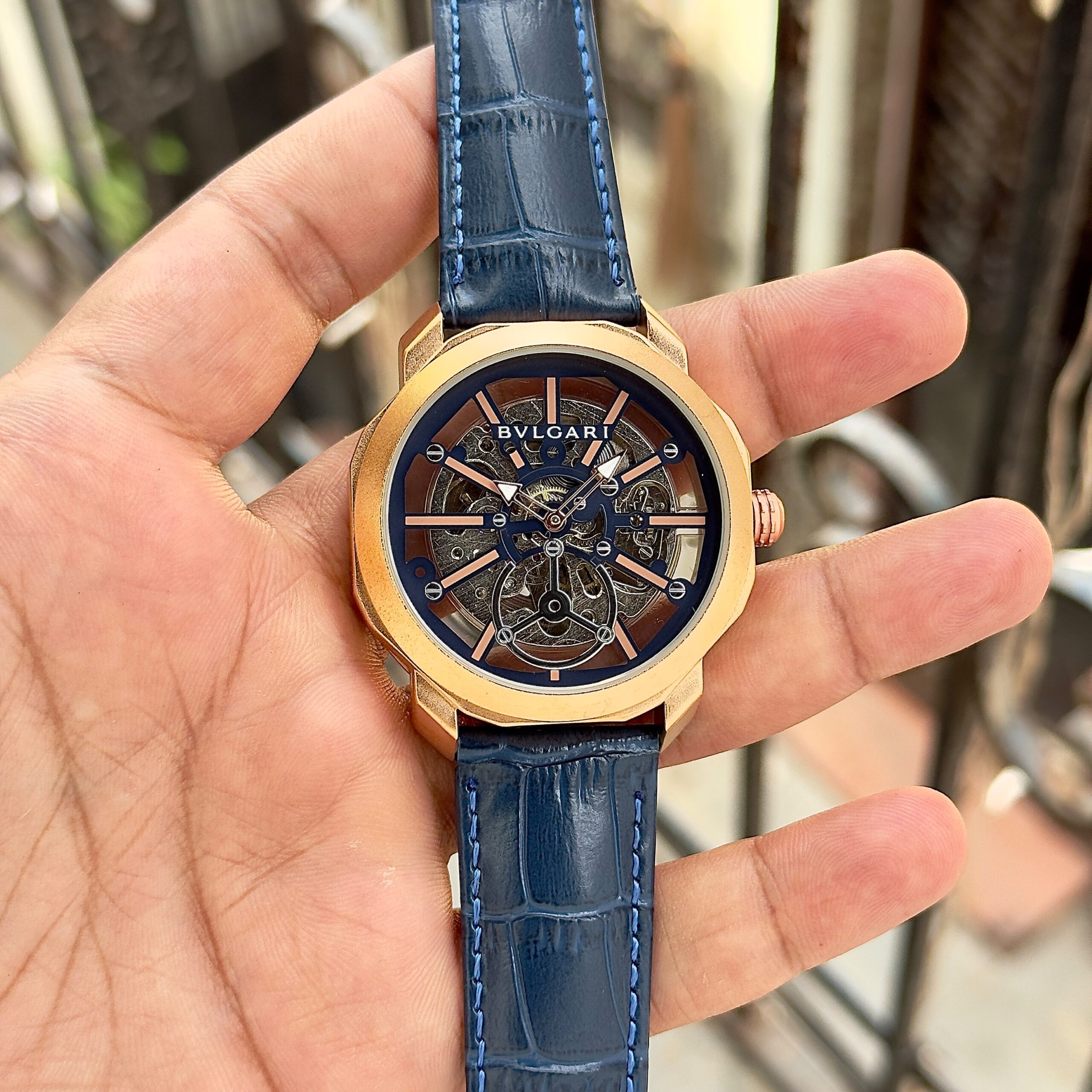 Bvlgari Octo Roma Skeleton 7AA Automatic Men's Watch 10 Bvlgari Rose Gold Blue Skeleton Watch