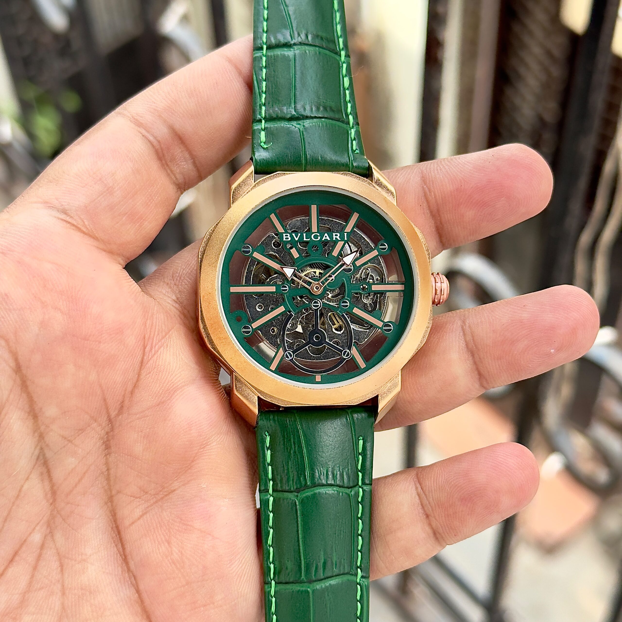 Bvlgari Octo Roma Skeleton 7AA Automatic Men's Watch 11 Bvlgari Rose Gold Green Skeleton Watch
